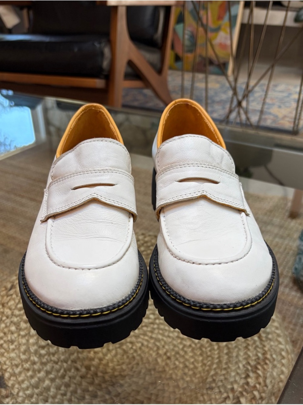 Bueno White Leather Penny Loafers with Black Lug Sole and Yellow Lining US5.5/6
